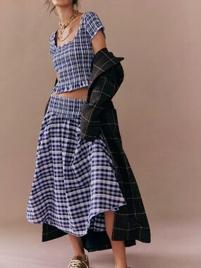 Free People Braveheart Plaid Midi Skirt Set - Optimistic Plaid Indigo Blue - NWT